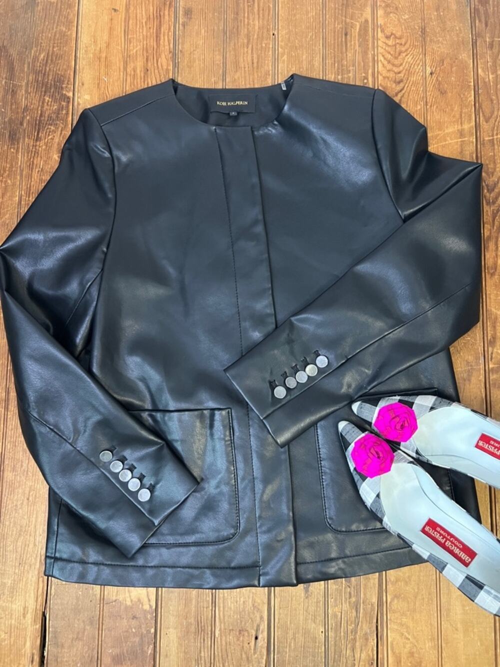 Kobi Halperin Women’s Black Faux Leather Collarless Jacket